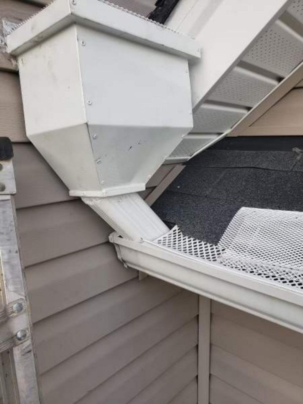 Gutter guard and downspout at the edge of a roof