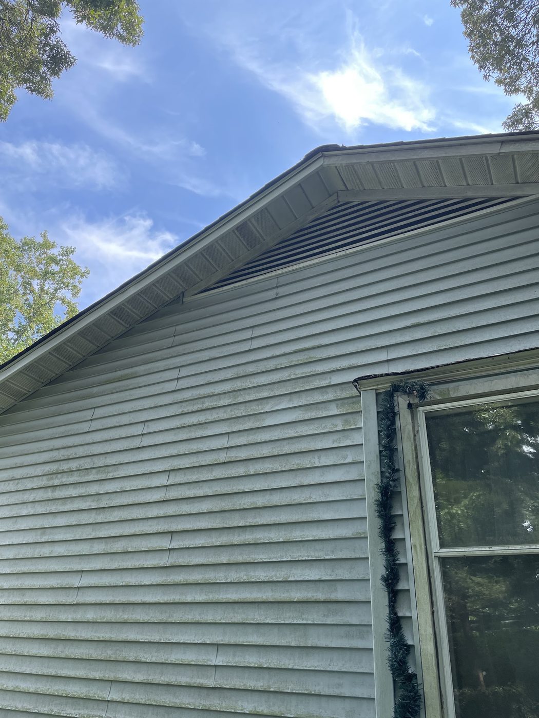 Weathered roof edge and fascia on a home with vinyl siding