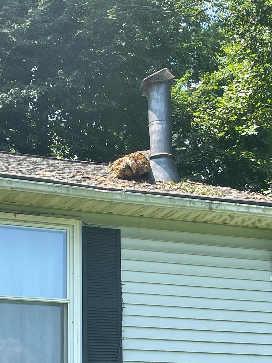 Storm debris and damaged shingles around a roof vent
